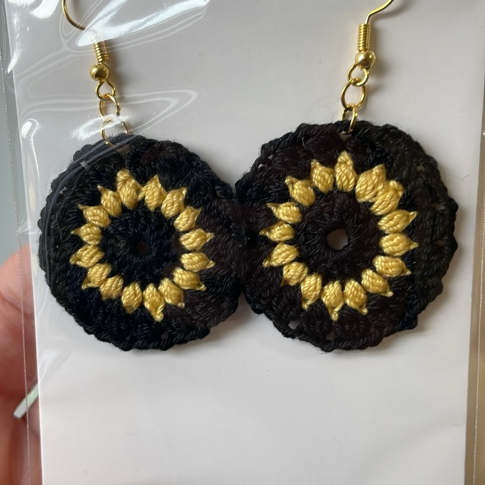 Handmade Crochet sunflower Earrings Boho, chic, lightweight black & yellow